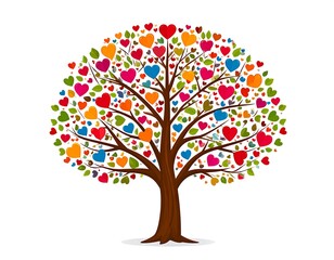 Colorful Tree with Heart Shaped Leaves Illustration.