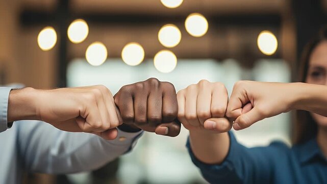 Symbolic gesture of diverse individuals coming together in unity and cooperation, conveying teamwork and solidarity in a professional setting