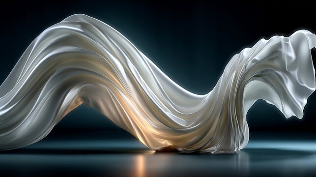 A flowing white silk fabric gracefully curves through the air, illuminated by soft golden light against a dark background, creating a luxurious and dynamic visual.