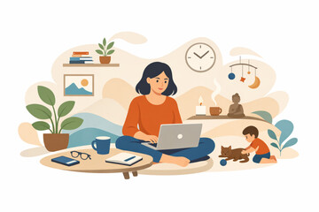 Fototapeta premium Woman Working from Home in a Minimalist Setting