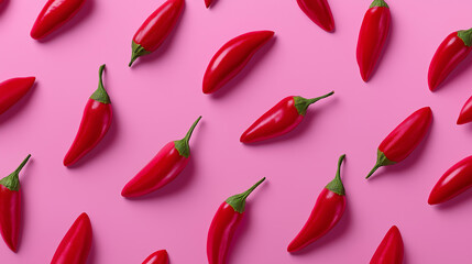 Fresh red chili peppers arranged in a repeating pattern on a pastel pink background, creating a bold and minimal food flat lay.
