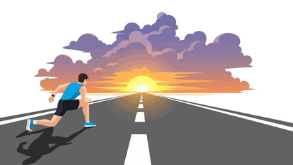 Obraz premium Runner at sunset on open road: journey towards the horizon