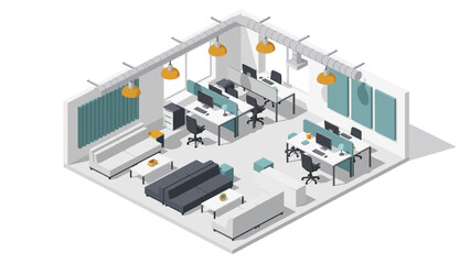 Obraz premium Modern isometric office space with minimalist design and open concept workstations