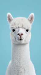 Obraz premium Portrait of a white alpaca standing against a clear blue sky, showcasing its soft fur and calm, curious expression. 