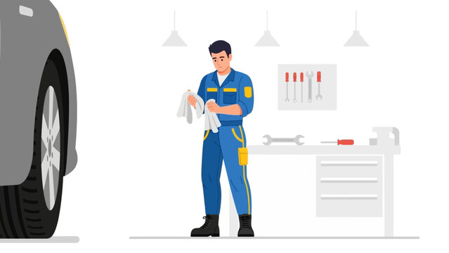 Mechanic in blue jumpsuit inspecting tools in modern auto repair shop