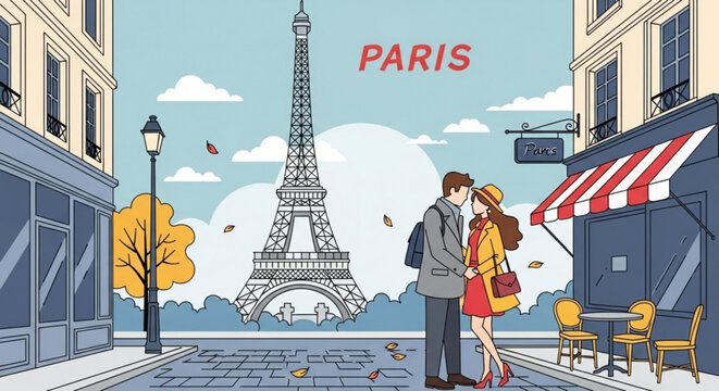 Romantic parisian couple kissing on cobblestone street with eiffel tower background