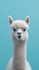 Obraz premium Portrait of a white alpaca standing against a clear blue sky, showcasing its soft fur and calm, curious expression. 