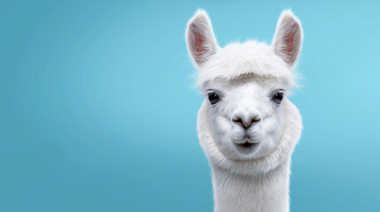 Obraz premium Portrait of a white alpaca standing against a clear blue sky, showcasing its soft fur and calm, curious expression. 