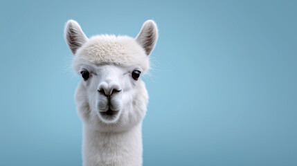 Obraz premium Portrait of a white alpaca standing against a clear blue sky, showcasing its soft fur and calm, curious expression. 