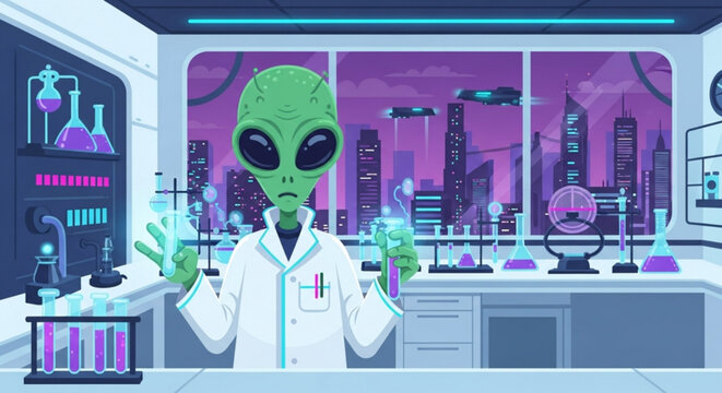 Green alien in lab coat conducting science experiment in futuristic laboratory with purple cityscape