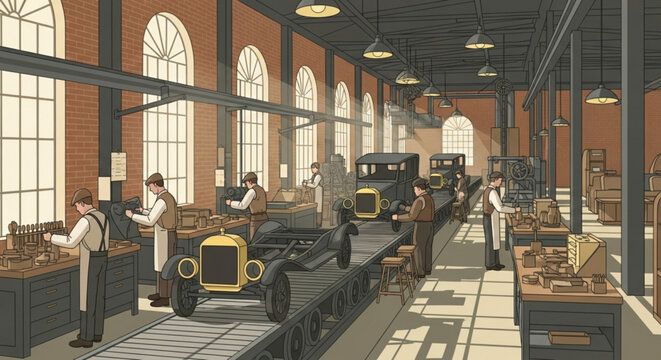 Vintage car factory interior with workers assembling classic automobiles on production line in industrial setting