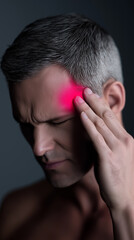 Fototapeta premium Middle-aged man holding his head in pain with a red highlighted area, symbolizing severe headache or migraine against a dark background. 