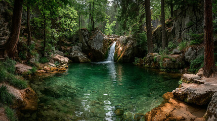 A serene forest scene with a small waterfall flowing into a clear pond. © Pixel-Tropic