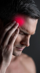 Fototapeta premium Middle-aged man holding his head in pain with a red highlighted area, symbolizing severe headache or migraine against a dark background. 