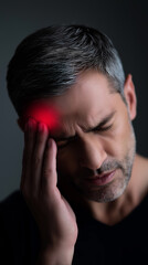 Fototapeta premium Middle-aged man holding his head in pain with a red highlighted area, symbolizing severe headache or migraine against a dark background. 