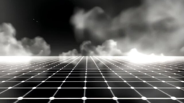 3D Grid Digital Landscape With Moving Clouds and Geometric Pattern In Monochrome Abstract Background