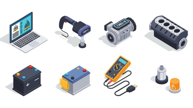 Isometric car diagnostics and repair tools with laptop and engine parts