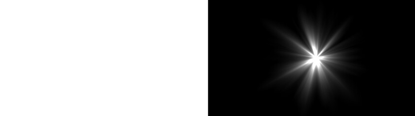 Bright white light flare, glowing starburst lens flash effect with radiant beams and sparkling rays, photo overlay design and digital graphic decoration