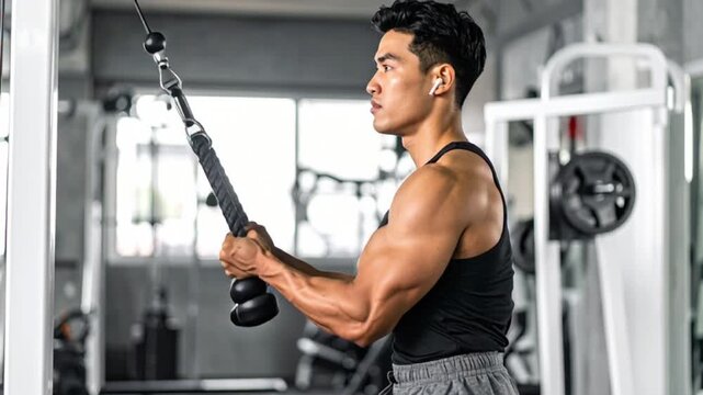 Side View of Muscular Asian Man Performing Tricep Rope Pushdown in Gym