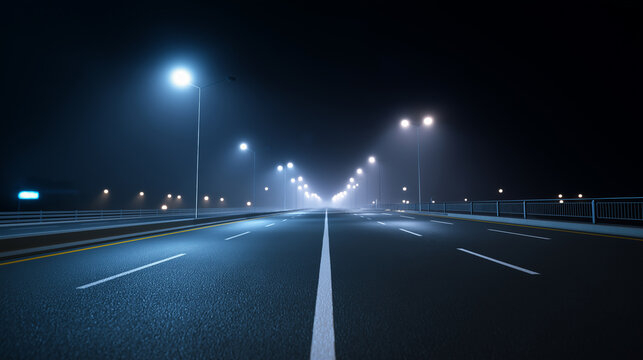 Empty road at night with fog and illuminated streetlights
