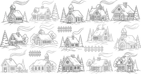 Obraz premium Snowy village houses and churches in winter landscape