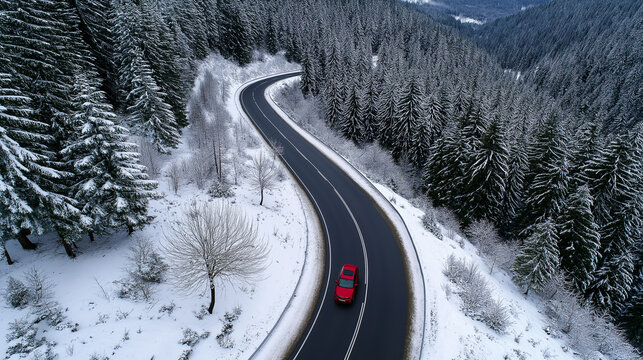 Aerial top-down view of a winding winter road cutting through a snow-covered forest with a single car driving through a frozen landscape.
