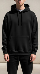 Blank Black Color Hoodie Mockup on Model, Minimal Lifestyle Style