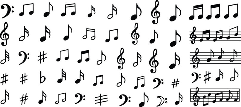 Black music notes and symbols collection on white background