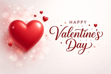 3D glossy red heart with Happy Valentine's Day calligraphy text on a white sparkling bokeh background.