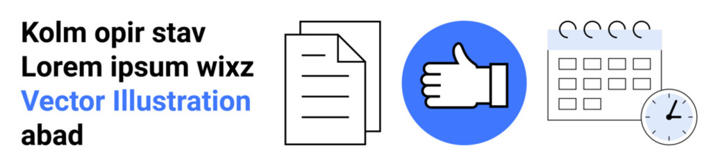 Obraz premium Workflow management, task approval, scheduling, time tracking, office efficiency, planning. Icons of paper document, thumbs-up calendar and clock. Workflow and task approval concept