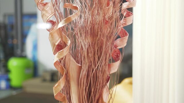 Copper wire spirals ascend within a vase.  Focus shifts, revealing a textured container.  The arrangement concludes, showcasing a complete view