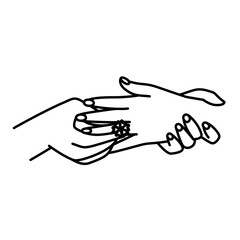 Obraz premium Man Hand Placing Flower Ring on Woman Ring Finger Line Art Illustration, Minimalist Romantic Gesture Vector Icon, Engagement and Love Symbol Outline Artwork, Wedding Proposal Concept
