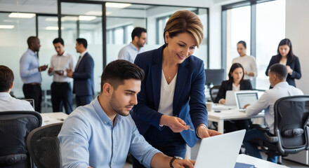 Obraz premium Businesswoman guiding colleague on laptop in modern office setting with team working in background
