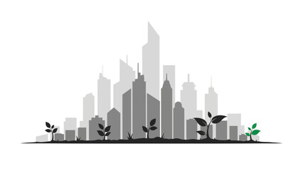 Obraz premium Monochrome urban skyline with green leaves representing eco-friendly cityscape