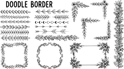 Obraz premium Doodle border. Flower ornament frame, decorative corner elements, floral sketch pattern. Vector doodle frame elements. Transparent background EPS version.