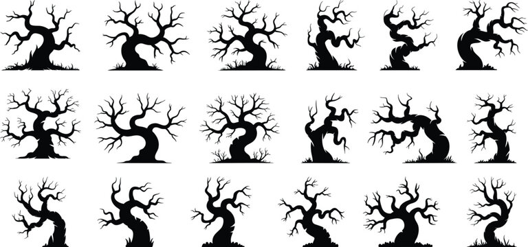Scary dead tree silhouettes collection,  twisted trees with Various gnarled branches, with bare branches and crooked trunks that convey a haunted forest atmosphere for decorations vector illustration.