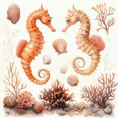 Obraz premium Two gentle seahorses facing each other above coral, seashells and seaweed on a calm sandy seabed watercolor illustration