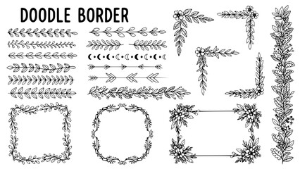 Obraz premium Doodle border. Flower ornament frame, decorative corner elements, floral sketch pattern. Vector doodle frame elements. Transparent background PNG version.