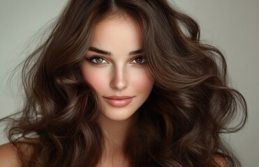 Fototapeta premium Studio portrait of a woman with glossy voluminous wavy brown hair and bare shoulders conveying an elegant, confident mood