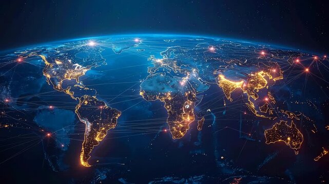 Global Connections: An eye-level shot captures planet Earth, its continents softly illuminated with city lights against the dark backdrop of space.