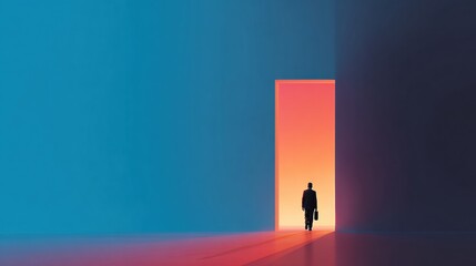Obraz premium Business Risk Moment With a Person Walking Toward an Illuminated Area in a Modern Setting During Evening Hours