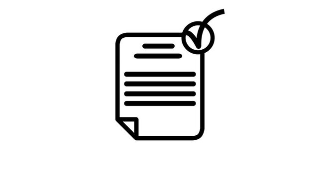 Animated line art document icon showing a file filling with text and then being marked with an approval checkmark symbol.