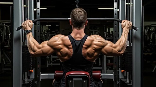 Rear View of Muscular Man Performing Lat Pulldown Exercise in Gym