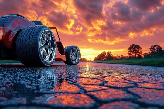 Red hot rod close-up at low angle with polished chrome wheels on cracked wet asphalt reflecting a fiery orange and purple sunset, evoking dramatic exhilaration and quiet power