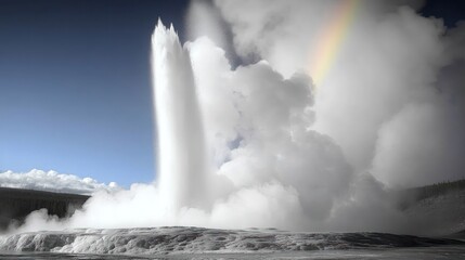 Fototapeta premium Powerful geyser erupting with thick steam and a visible rainbow in a natural landscape under a clear blue sky