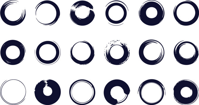 Dark color circular shapes abstract brushstroke collection, Ink round brush strokes, enso zen stroke circle, japan red circle round element for design, vector illustration.