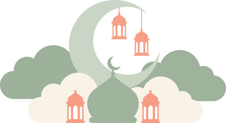 Obraz premium Serene Islamic Night Scene Illustration with Crescent Moon, Mosque Dome, and Festive Lanterns Amidst Soft Clouds