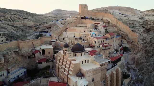 Cinematic Aerial View of Mar Saba Greek Orthodox Monastery in the Judean Desert Canyon
