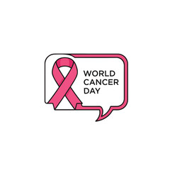 Obraz premium A pink ribbon icon with a speech bubble containing the text 'World Cancer Day' on a white background. Perfect for awareness campaigns, health promotions, and educational materials.