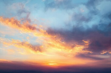 Obraz premium Vibrant sunset sky with glowing orange and yellow clouds blending into soft blue and purple hues, creating a peaceful and awe-inspiring atmosphere
